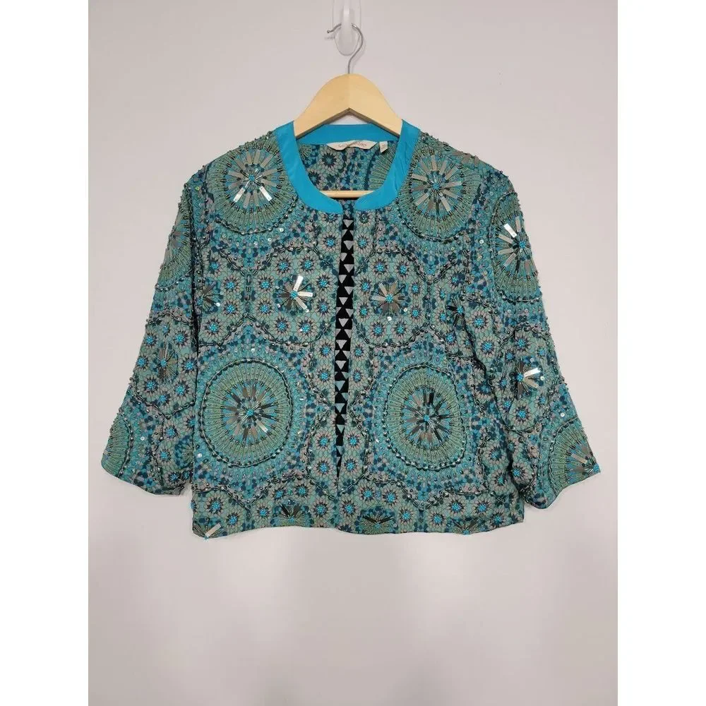 Soft Surroundings Open Geometric 3/4th Sleeve Cardigan‎ With Embellishments, XS